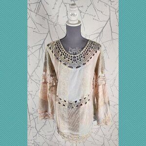 Lapis Iridescent Printed Lace Crochet Detail Tunic